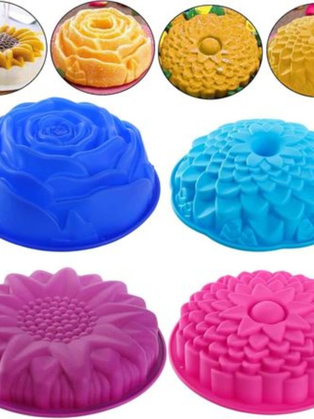 Deayou Flower Silicone Cake Molds, 4-Pack Baking Pans 7.8–9.8"